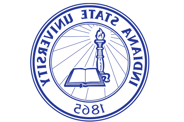 Blue circular logo on a white background. Included in the circle is text reading “Indiana State University” across the top with “1865” on the bottom. The circle also includes a drawing of an open book with a torch on the left side, with rays of light extending out from the flame.